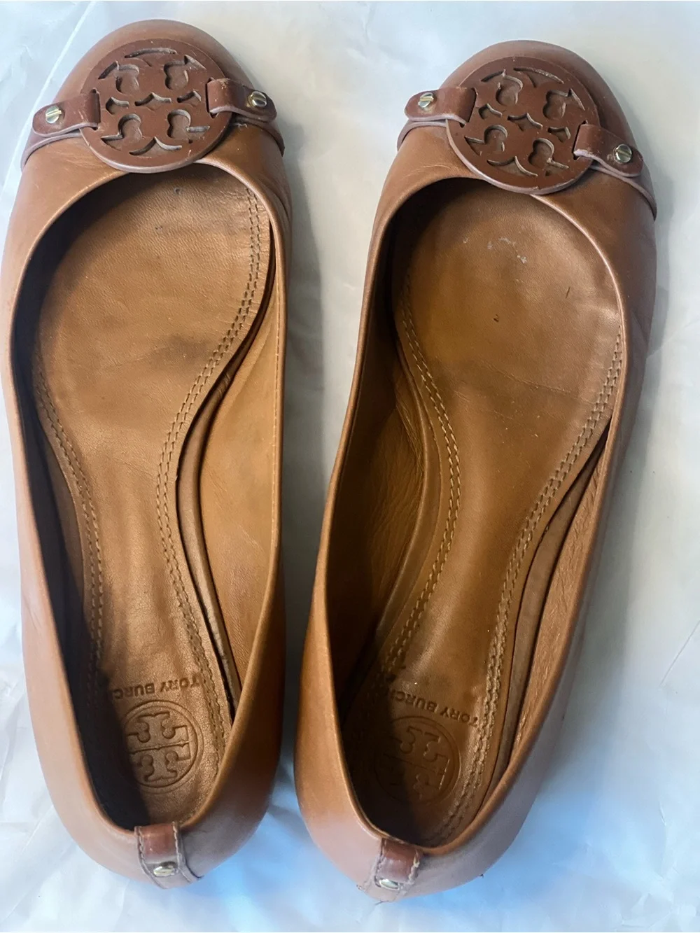 Tory Burch Tan Leather Logo Ballet Flats